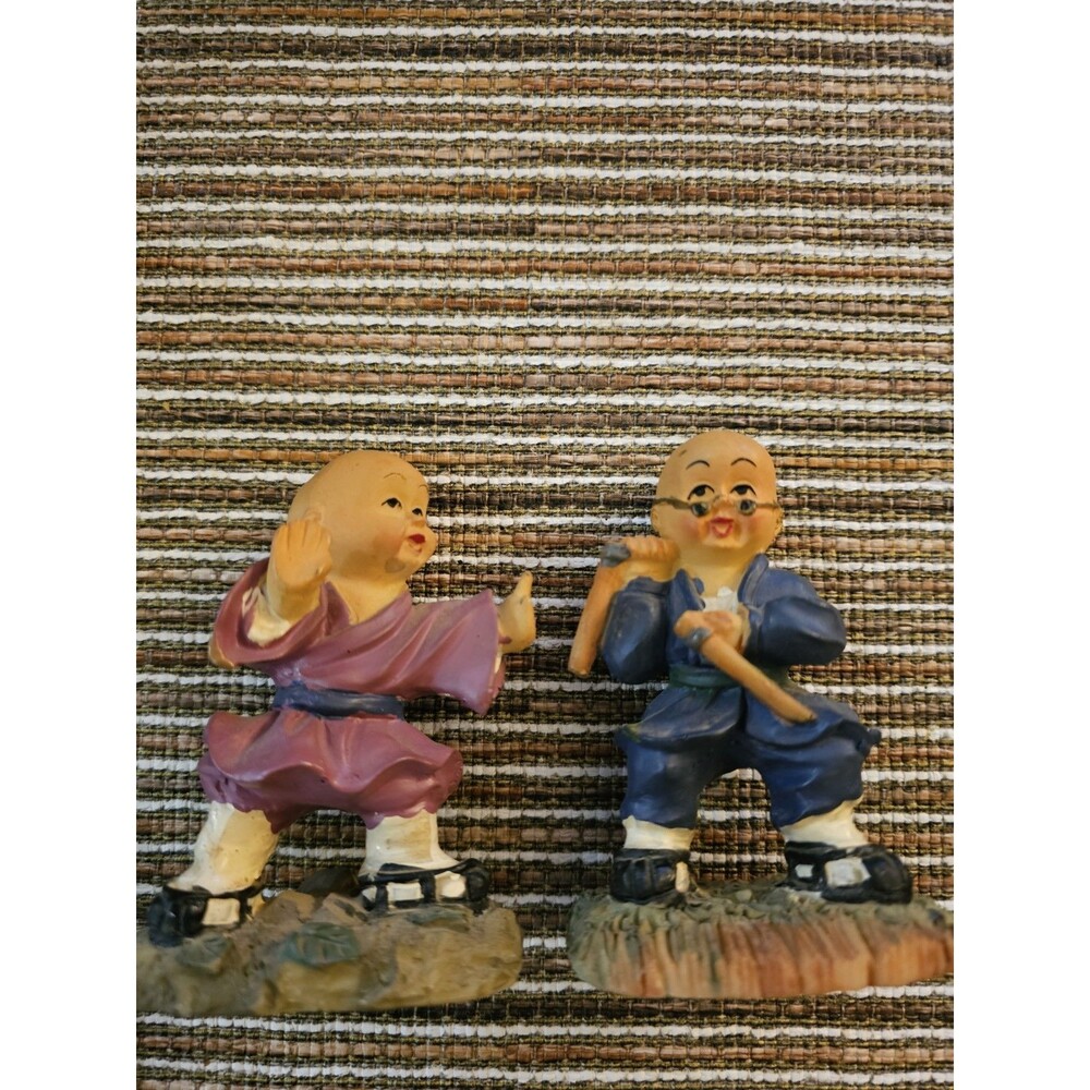 Set of 2 Resin Monk Figurines Zen Asian Decor Statues Feng Shui Home